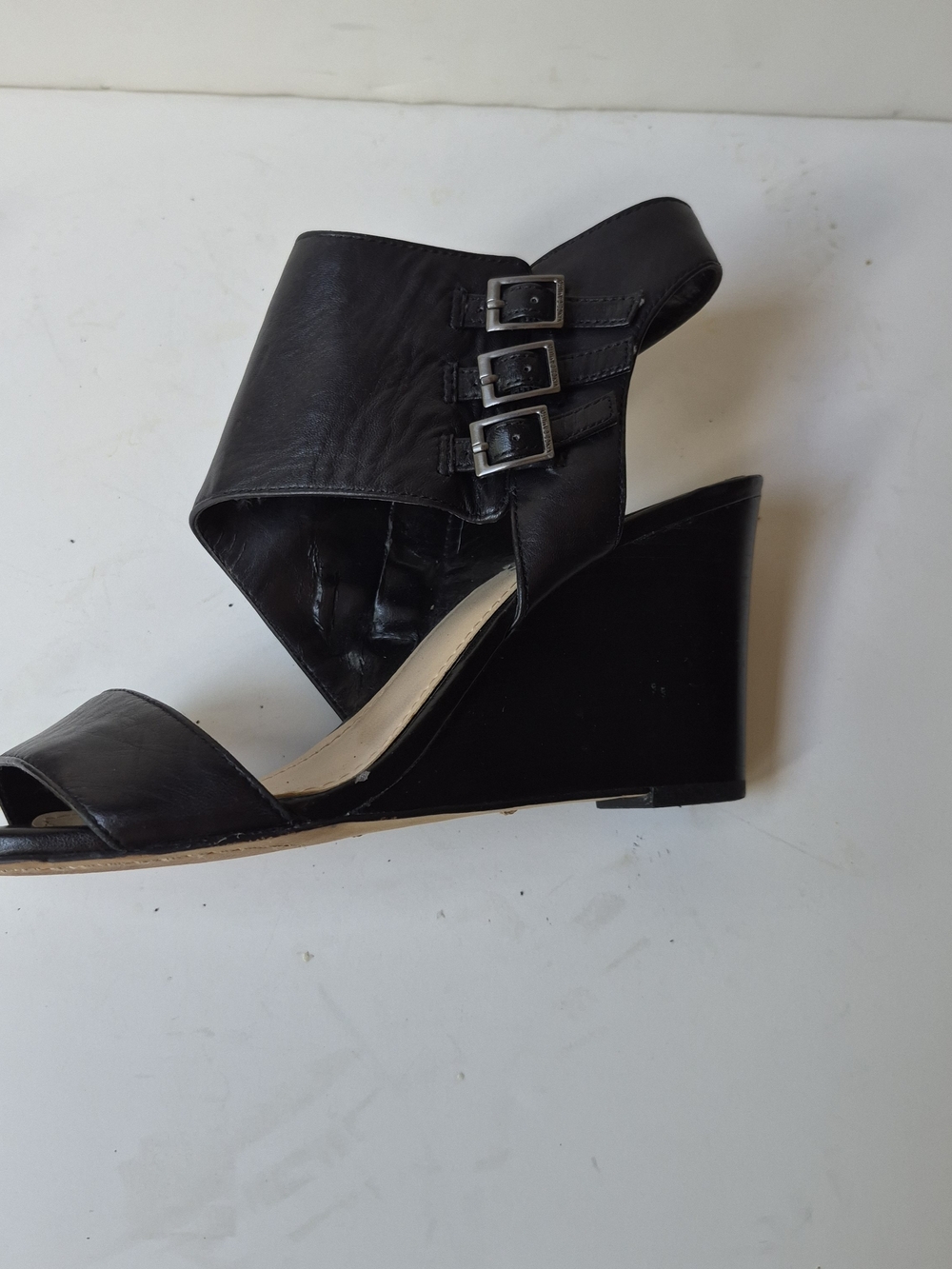 Vince Camuto Black Leather Triple-Buckle Wedge Sandals